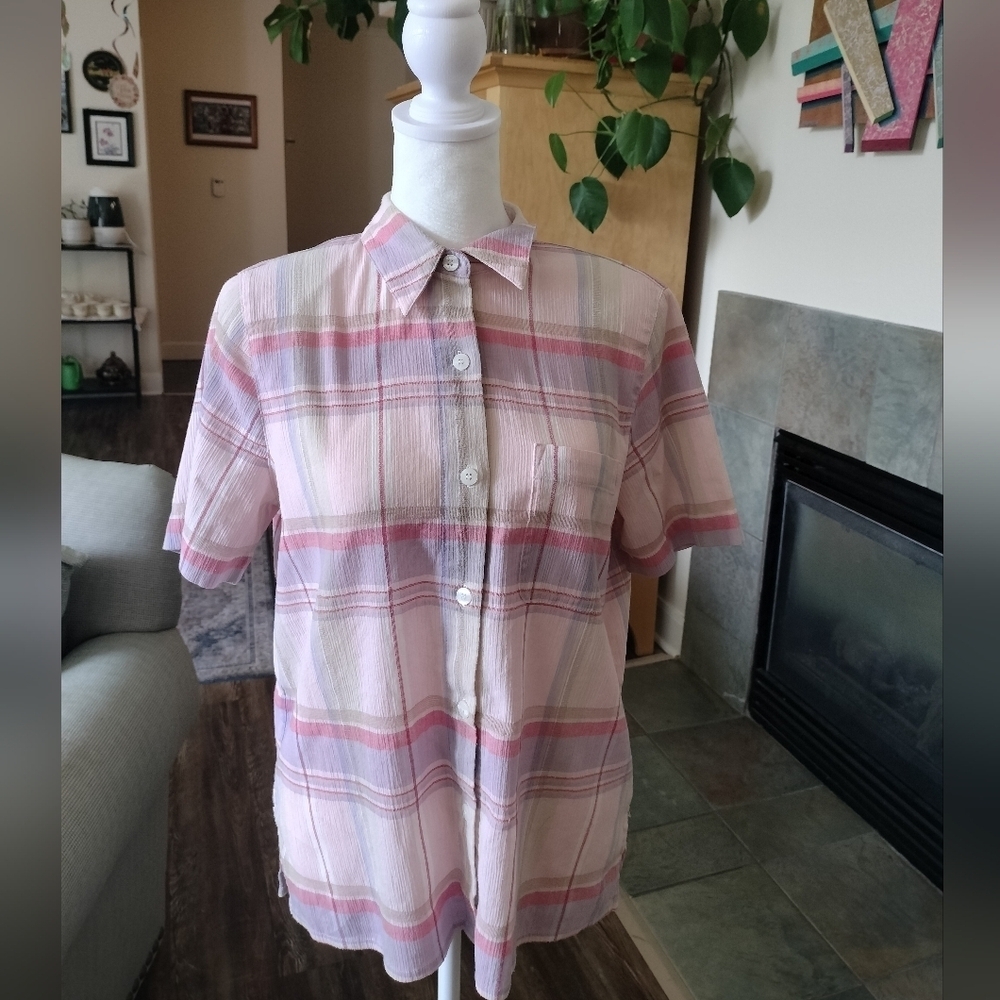 Vintage Alfred Dunner Pink and White Plaid Button-Up Shirt Fantastic Condition